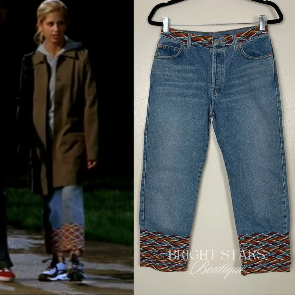 Rare Multicolor Trim Cropped Jeans ASO Buffy Summers BtVS High Rise Vintage - Picture 10 of 11